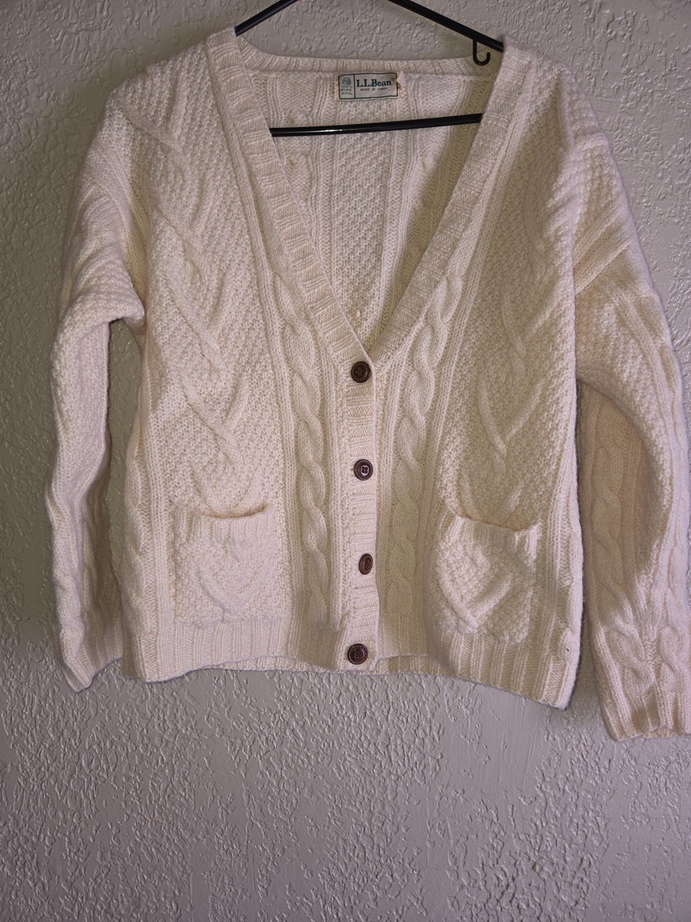 Vintage L.L.Bean Fisherman Cable Knit Wool Cardigan Cream Small
